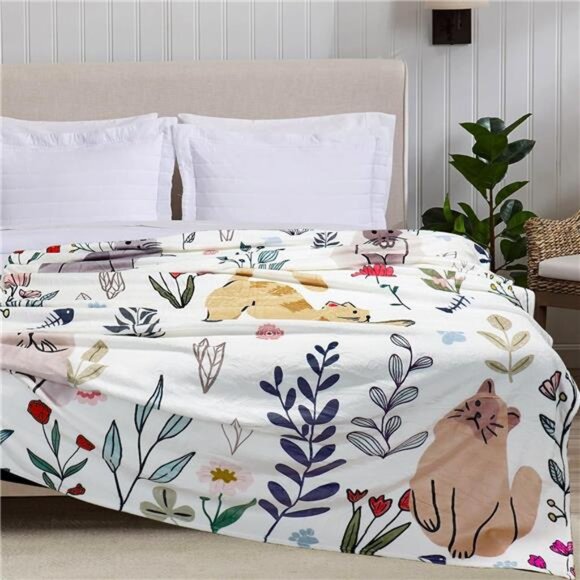 Cat Throw Blanket Floral Plush Fuzzy Cozy Flannel Blanket for Bed Couch 50x60 - Picture 4 of 8